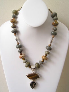 Tiger's eye and smokey quartz sterling pendant on ocean jasper necklace. TR2055  $155.00  19-20&quot; long on expandable sterlin
