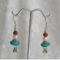 Turquoise, freshwater pearl and sponge coral sterling earrings with ball dangles.JPG