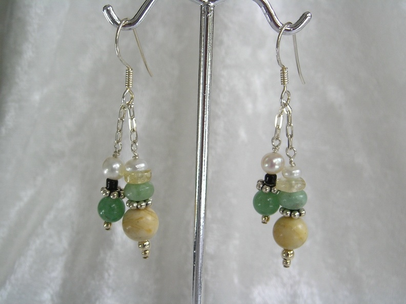 Yellow jasper, aventurine and freshwater pearl sterling earrings.  ED1225  Dangle is 1.5&quot; long   $32.00