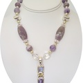 Amethyst, citrine and moonstone pendant on iris jasper and pearl necklace. Sterling accents. TJ300.  Expandable sterling toggle.