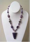 Charoite sterling pendant on amethyst and iris jasper necklace accented with freshwater pearl and Bali sterling. TN2057  20-21