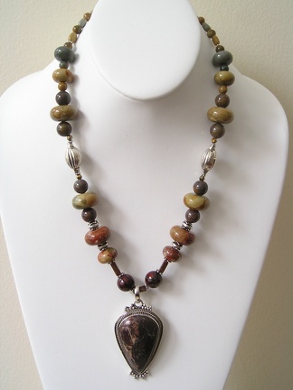 Reddish brown jasper and sterling pendant on jasper necklace.  Great shapes for a distinct look. SG2054  19.75-20.75&quot; long 